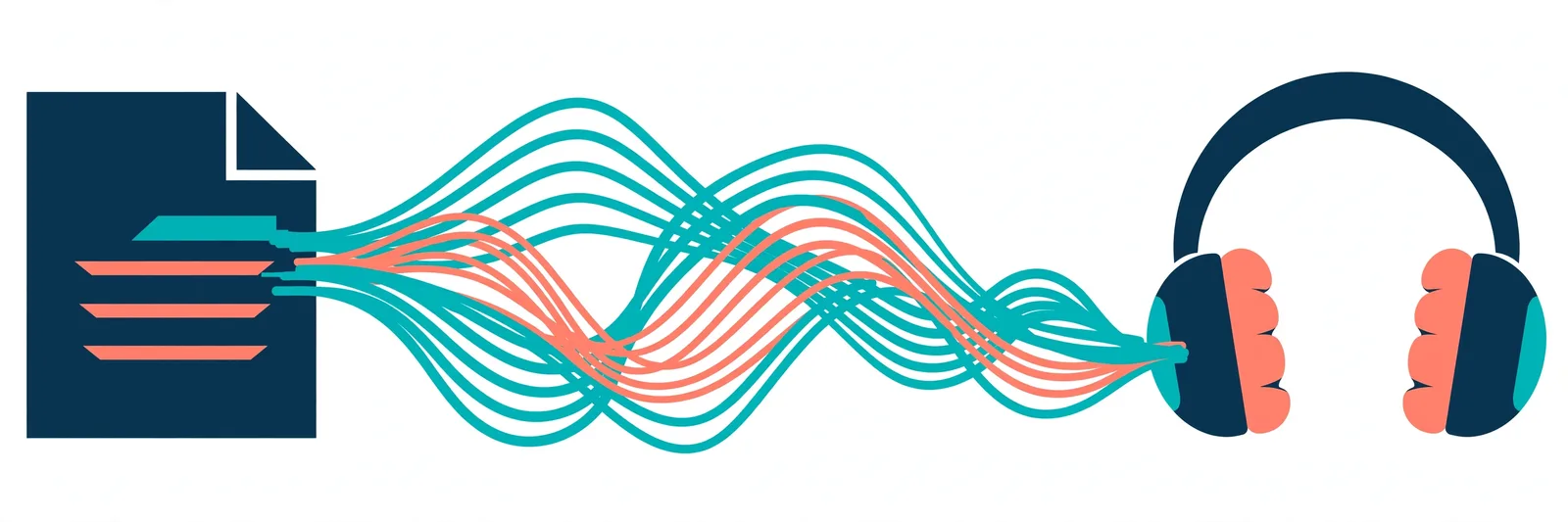 PDF document transforming into audio sound waves streaming into headphones - free PDF to audio conversion