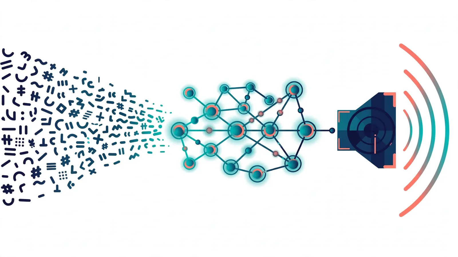 How text-to-speech works - written text flows through a neural network and comes out as natural speech from a speaker