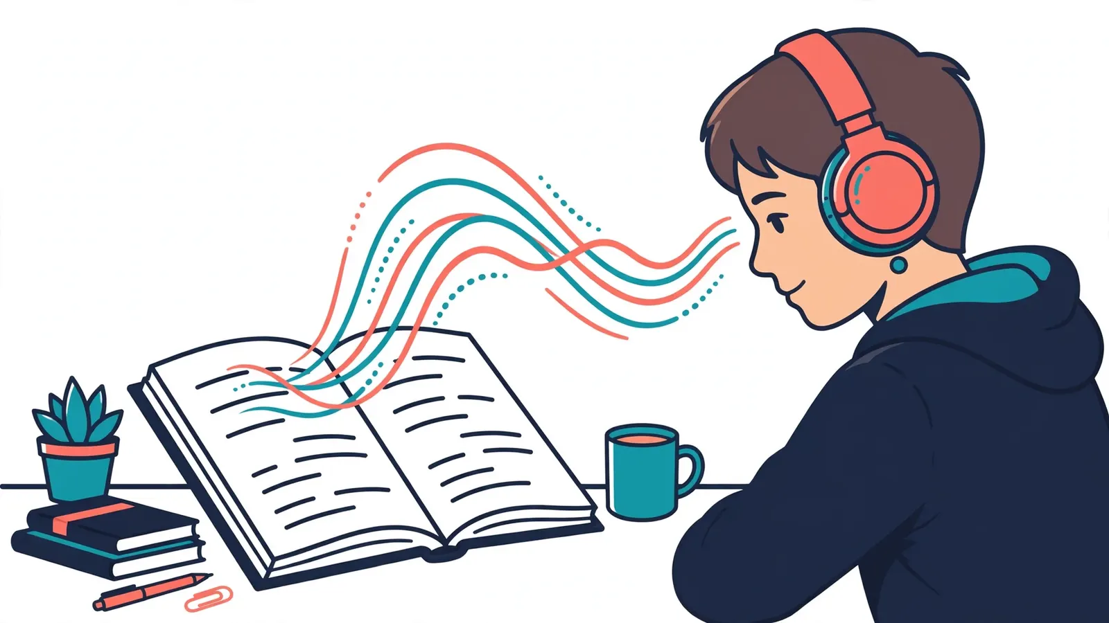 Student wearing headphones listening to a textbook read aloud - text-to-speech for studying